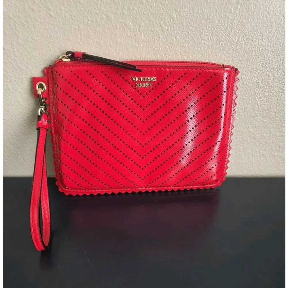Victorias Secret Wristlet Red Clutch Purse‎ With Closure Chevron Dot Pattern